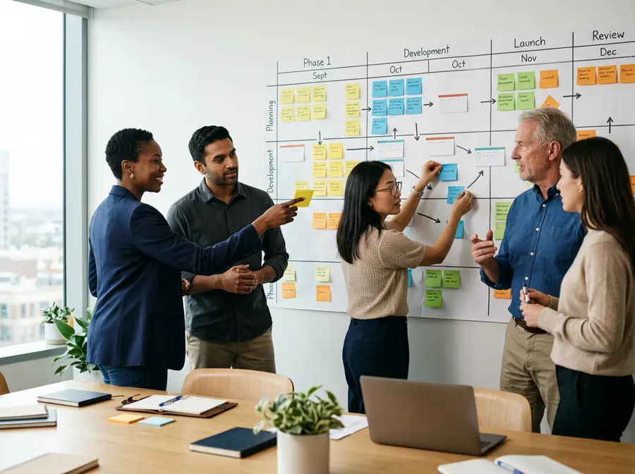 A delivery team planning a programme roadmap on a wall